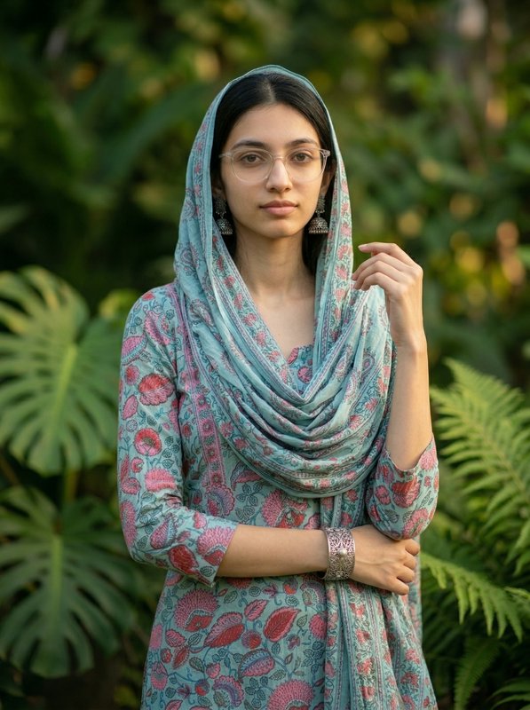 Portrait of a woman in a pastel blue floral kurta with scarf, standing in a lush garden.