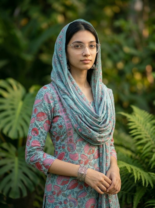 Woman in pastel floral hijab and matching dress standing in a lush garden.