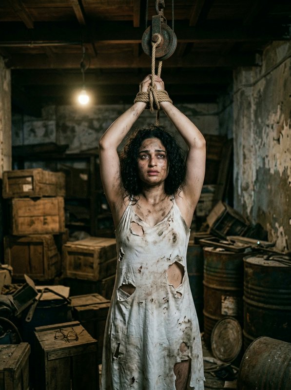 Distressed woman in a torn white dress chained by wrists, hanging from rope in a dark, cluttered ...