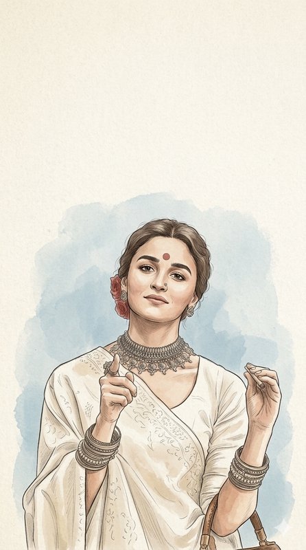 Illustration of a woman in a traditional sari with jewelry and a red bindi.