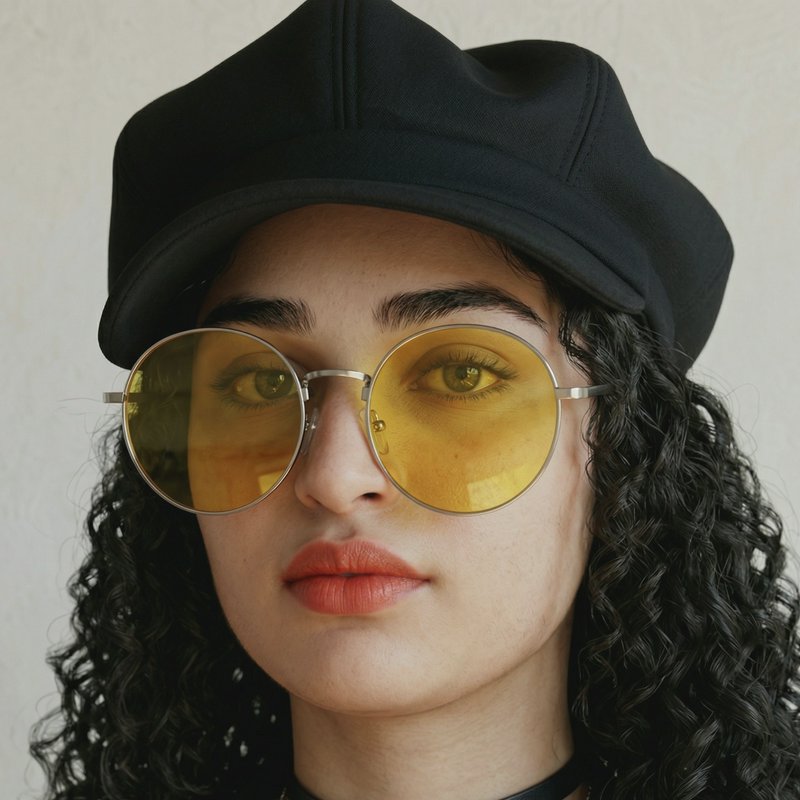 Woman wearing a black hat and round yellow sunglasses in a portrait.