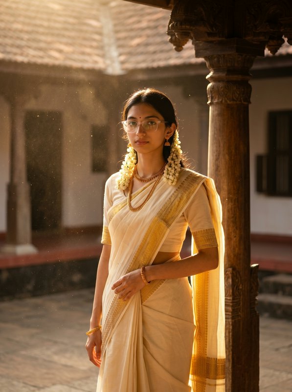 Woman in cream saree with gold border standing in a temple courtyard.