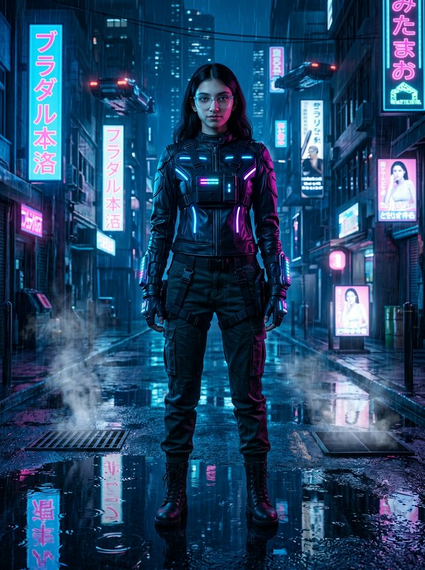 Female cyberpunk enforcer in a neon-lit, rain-soaked futuristic city street.