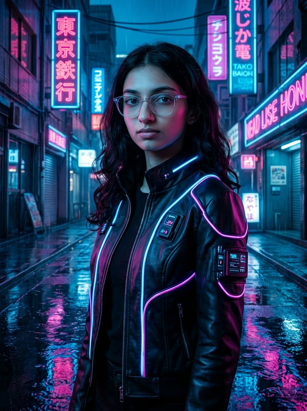 Woman in a neon-lit, futuristic jacket stands on a rain-soaked city street with glowing signs.
