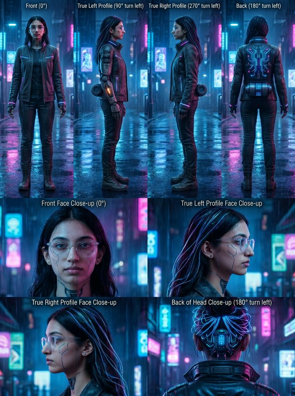 Cyberpunk woman with glowing facial lines in a neon-lit cityscape, shown from multiple angles