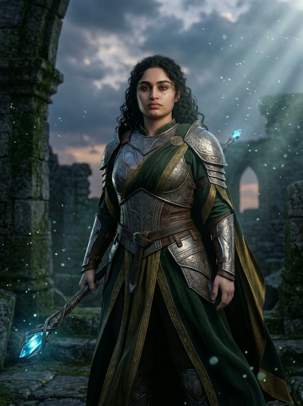 Female armored warrior in a green cloak stands in ancient ruins with a glowing blue staff.