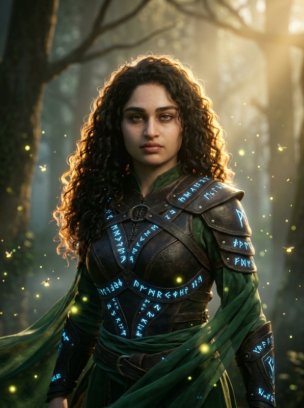 Female fantasy warrior in green armor with glowing blue runes in a sunlit forest.