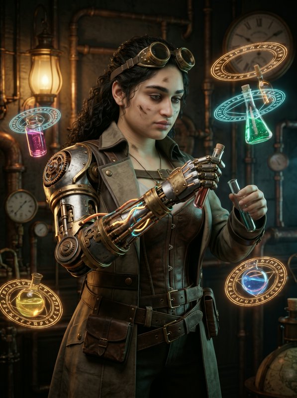 Steampunk scientist with a mechanical arm testing tubes in a glowing lab.