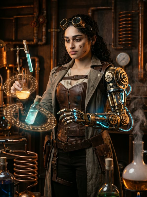 Female steampunk scientist with a mechanical arm and glowing flasks in a copper-piped lab.