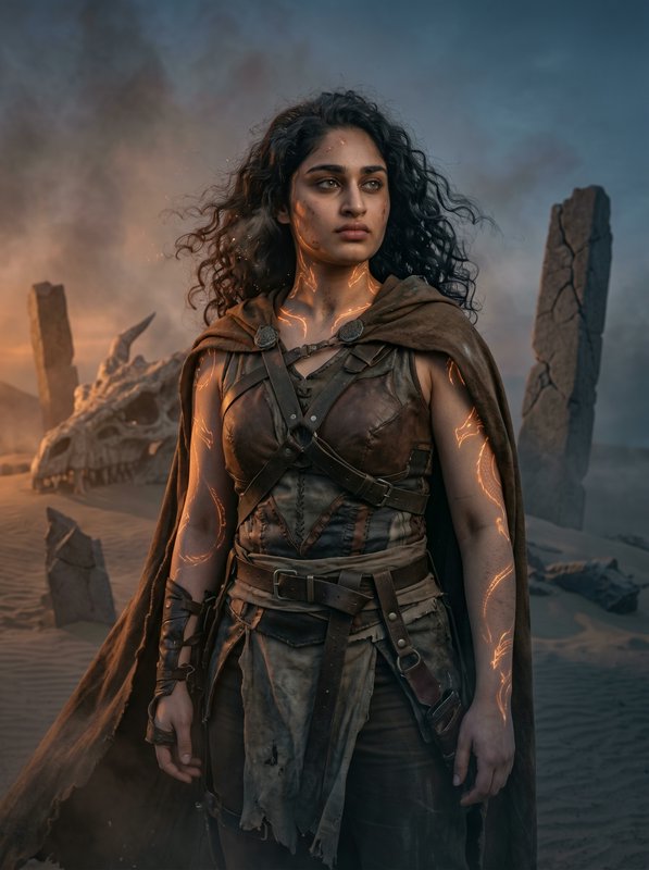 Female fantasy warrior in rugged armor with cape, desert ruins and glowing cracks on skin.