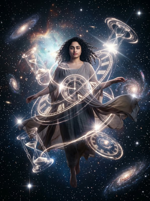 Woman floating in space surrounded by glowing clock rings and swirling light.