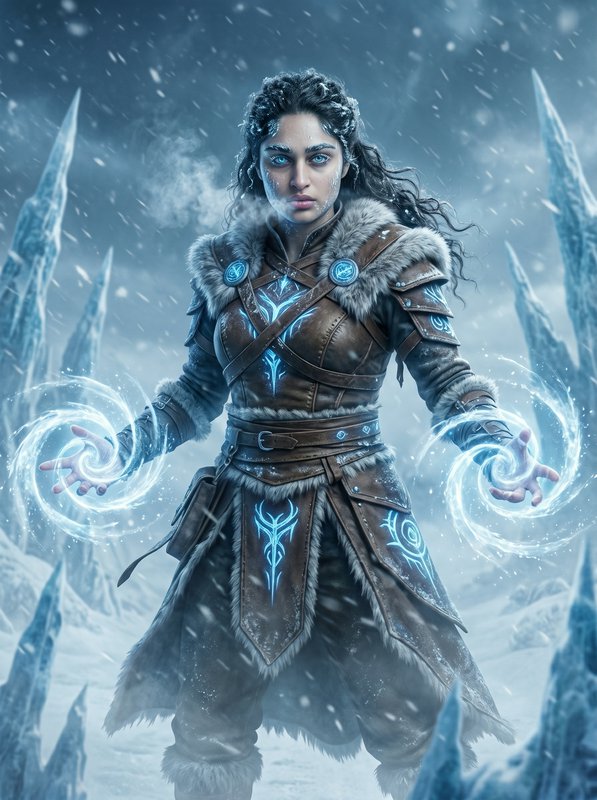 Female fantasy warrior in fur armor casting icy magic amid a snowy, icy landscape.