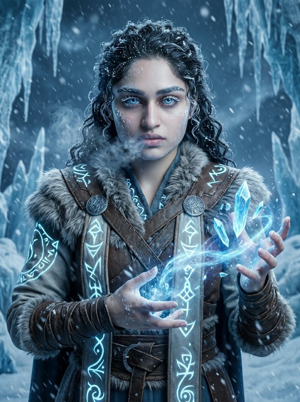 Young woman in fur-lined armor channels glowing blue ice magic amid icicles and snow.