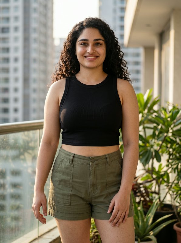 Young woman with curly hair in a black crop top and olive shorts on a balcony with city buildings...