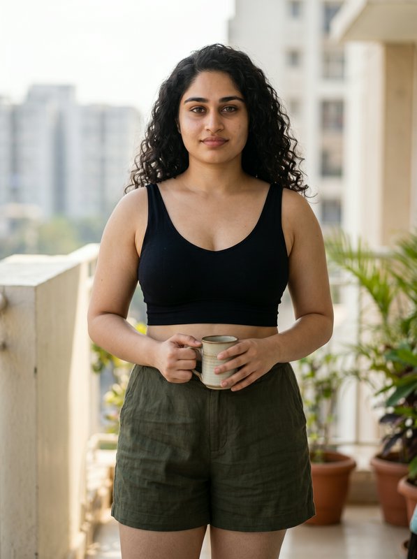 Young woman with curly dark hair standing on a balcony, holding a mug.