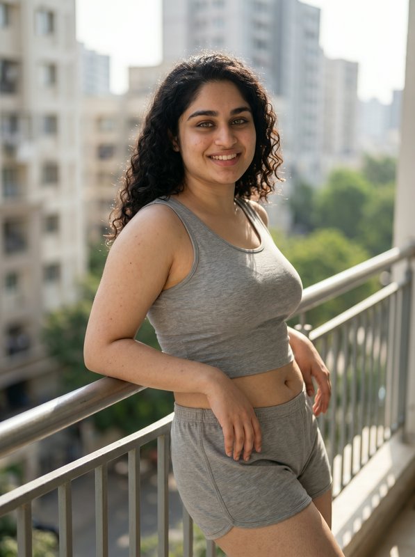Woman in gray workout set leaning on balcony railing with city buildings in the background.