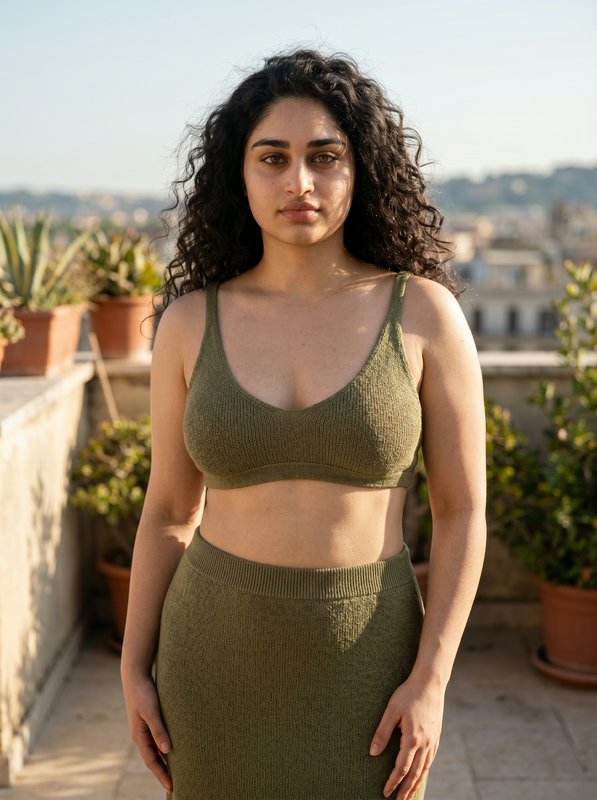 Woman wearing olive green knit crop top and matching skirt on a sunlit rooftop.