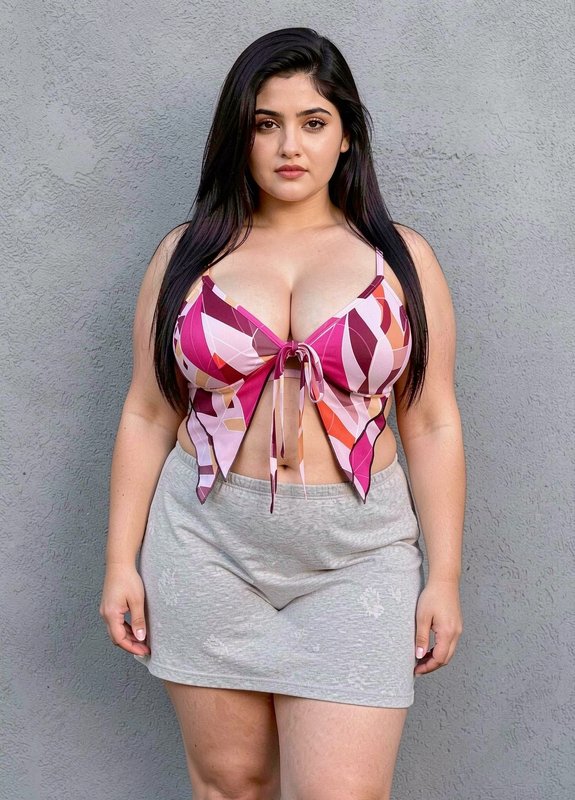 Curvy South Asian woman stands against a textured gray wall wearing a geometric print crop top an...