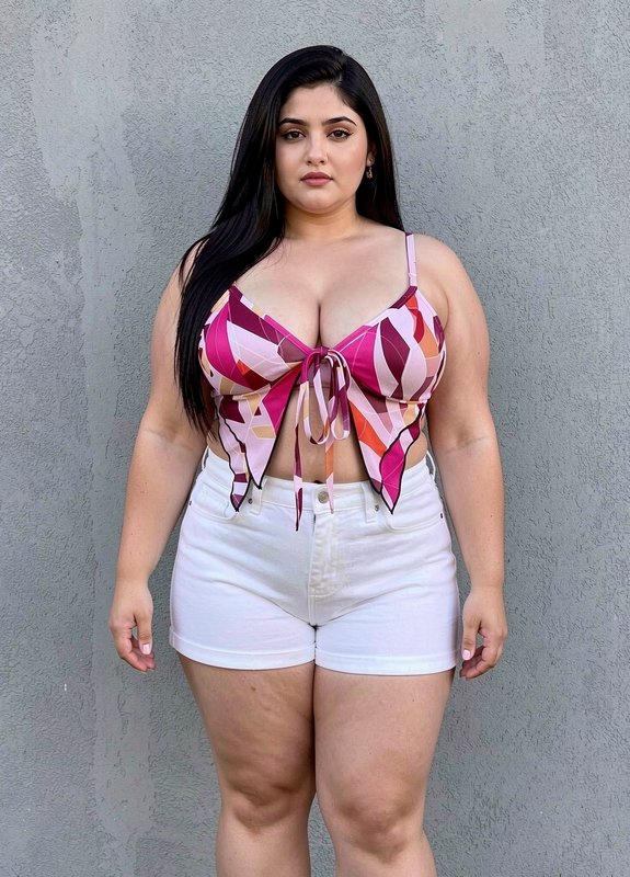 Curvy plus size woman stands against a gray textured wall wearing a geometric print crop top and white denim shorts