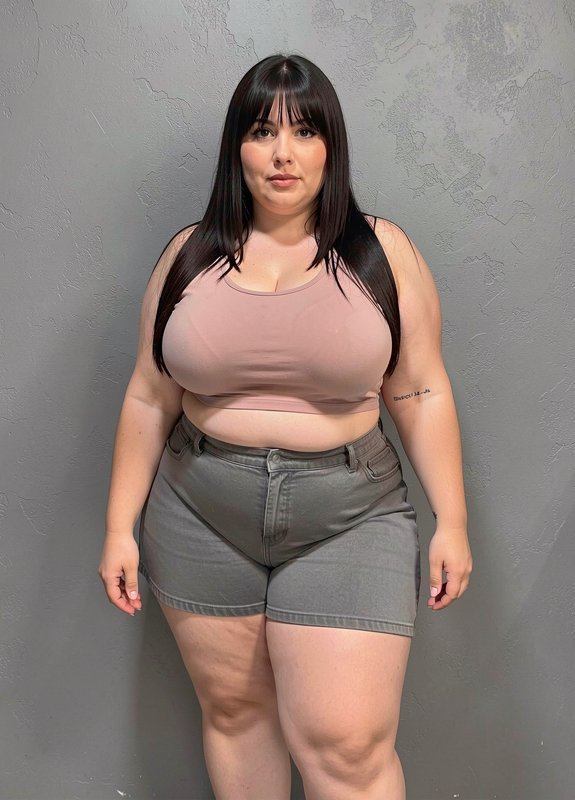 Plus size woman standing against a textured gray wall wearing a pink crop top and denim shorts