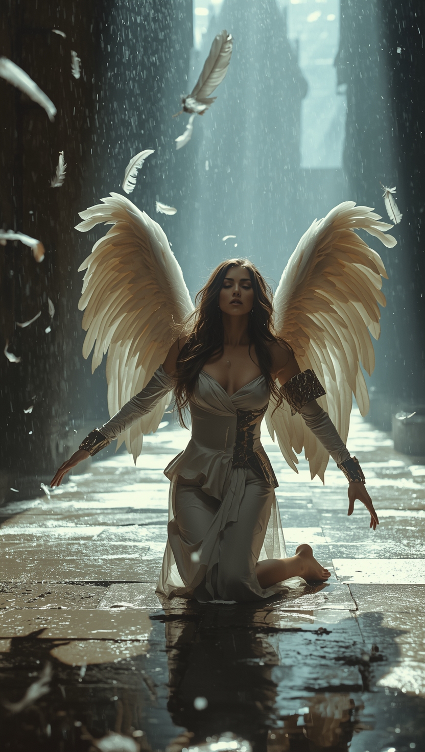 Angelic woman with large white wings kneeling in a rain-soaked alley, feathers drifting around her.