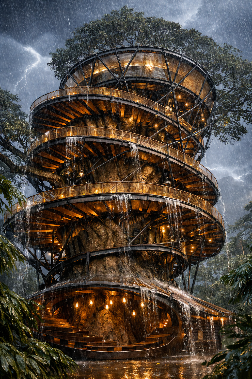 Spiral wooden observation tower around a giant tree in heavy rain with warm lights.