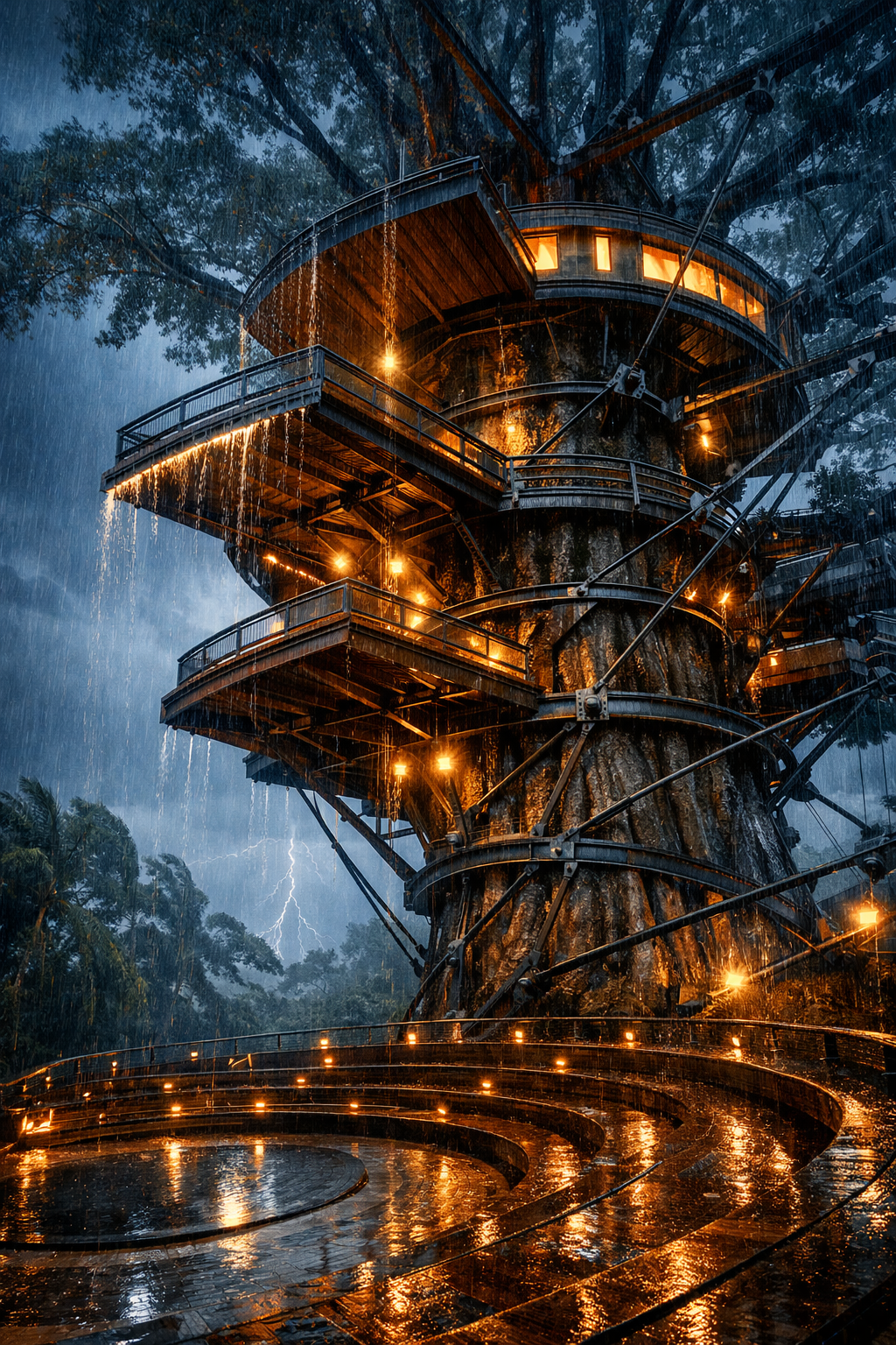 A illuminated multi-level wooden treehouse tower wrapped around a massive tree in heavy rain at night
