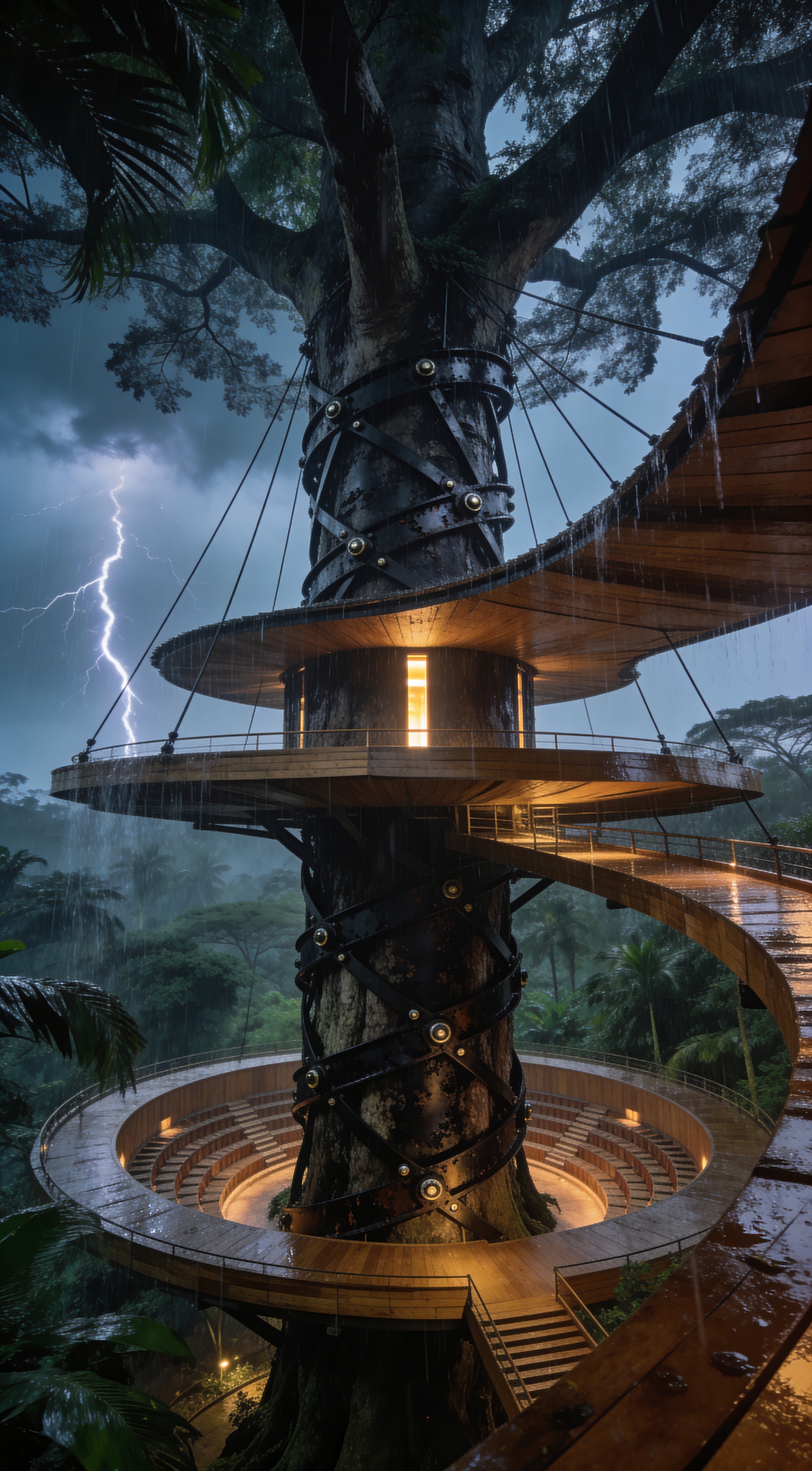 Spiral wooden treehouse around a massive tree with a lightning-filled rainforest backdrop