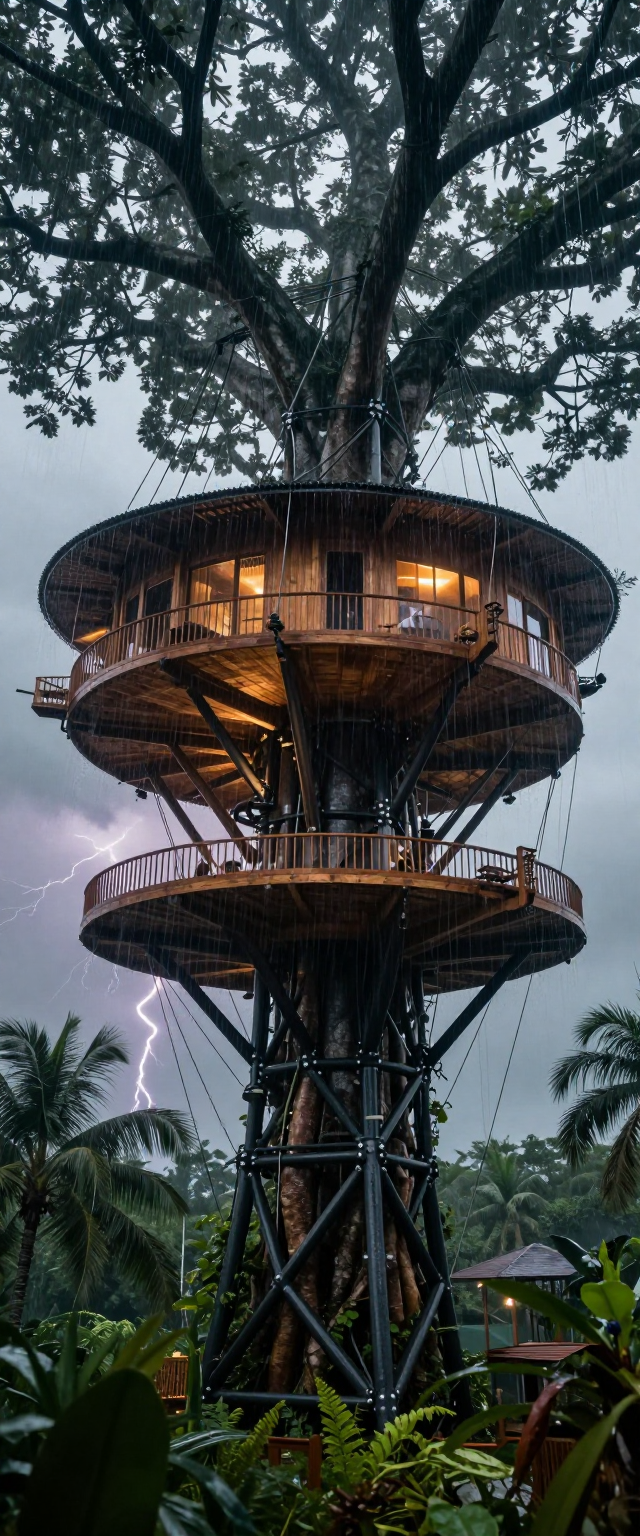 Multi-level treehouse on a tall wooden tower with circular decks, surrounded by jungle.