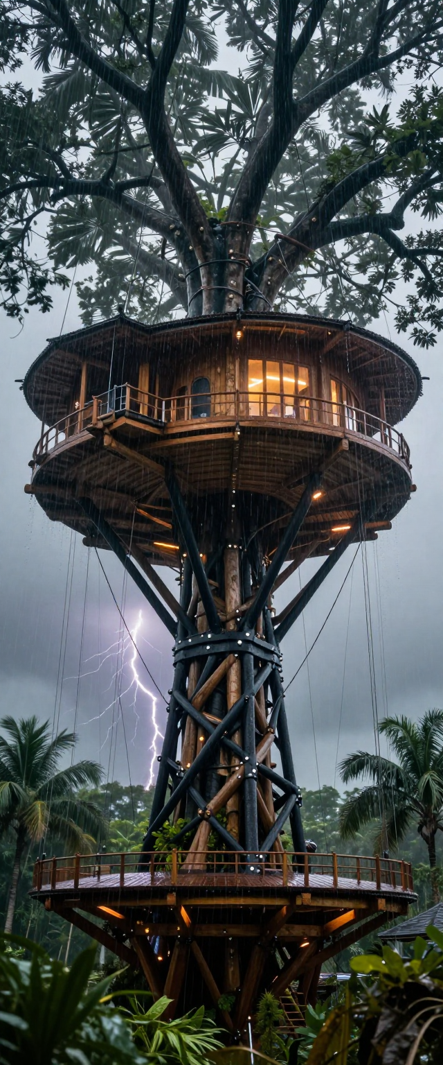 A multi-level wooden treehouse built around a tall tree, with glowing windows amid a storm and visible lightning.