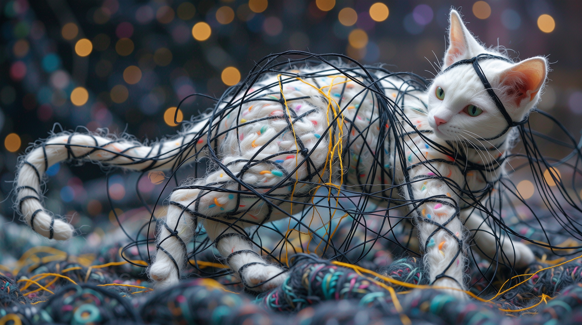 White cat tangled in black yarn on a colorful woven yarn bed with bokeh lights.
