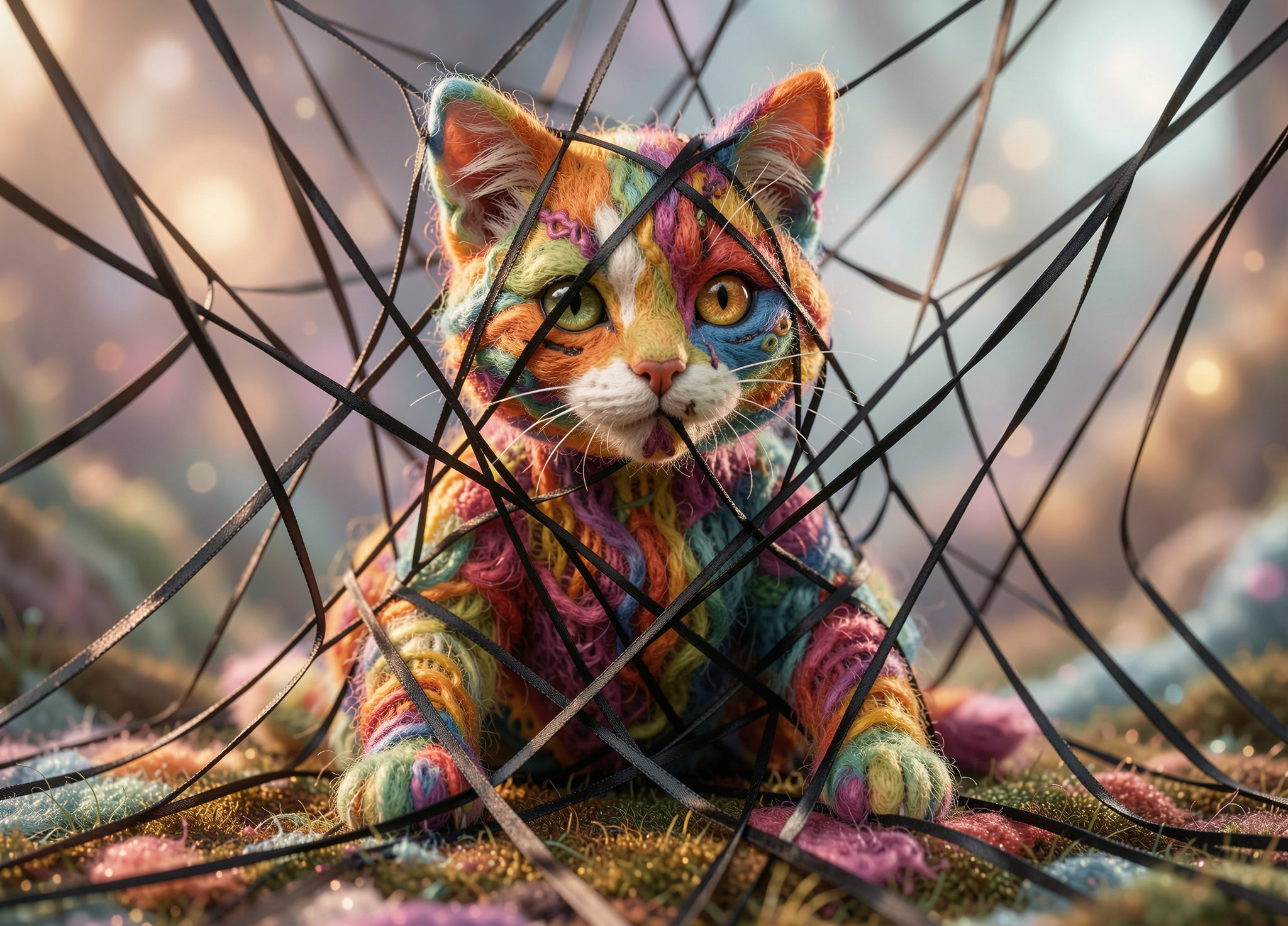 Colorful patchwork cat tangled in black wires in a surreal, dreamy scene