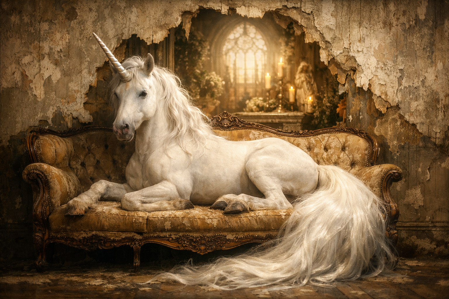 White unicorn lounging on an ornate vintage sofa in a decayed room with warm candlelight
