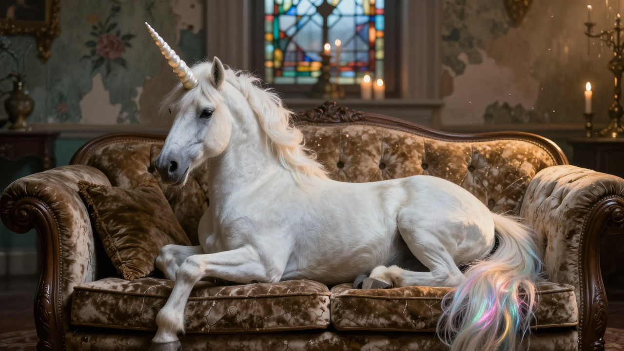 White unicorn with a spiraled horn lounging on an ornate vintage sofa indoors
