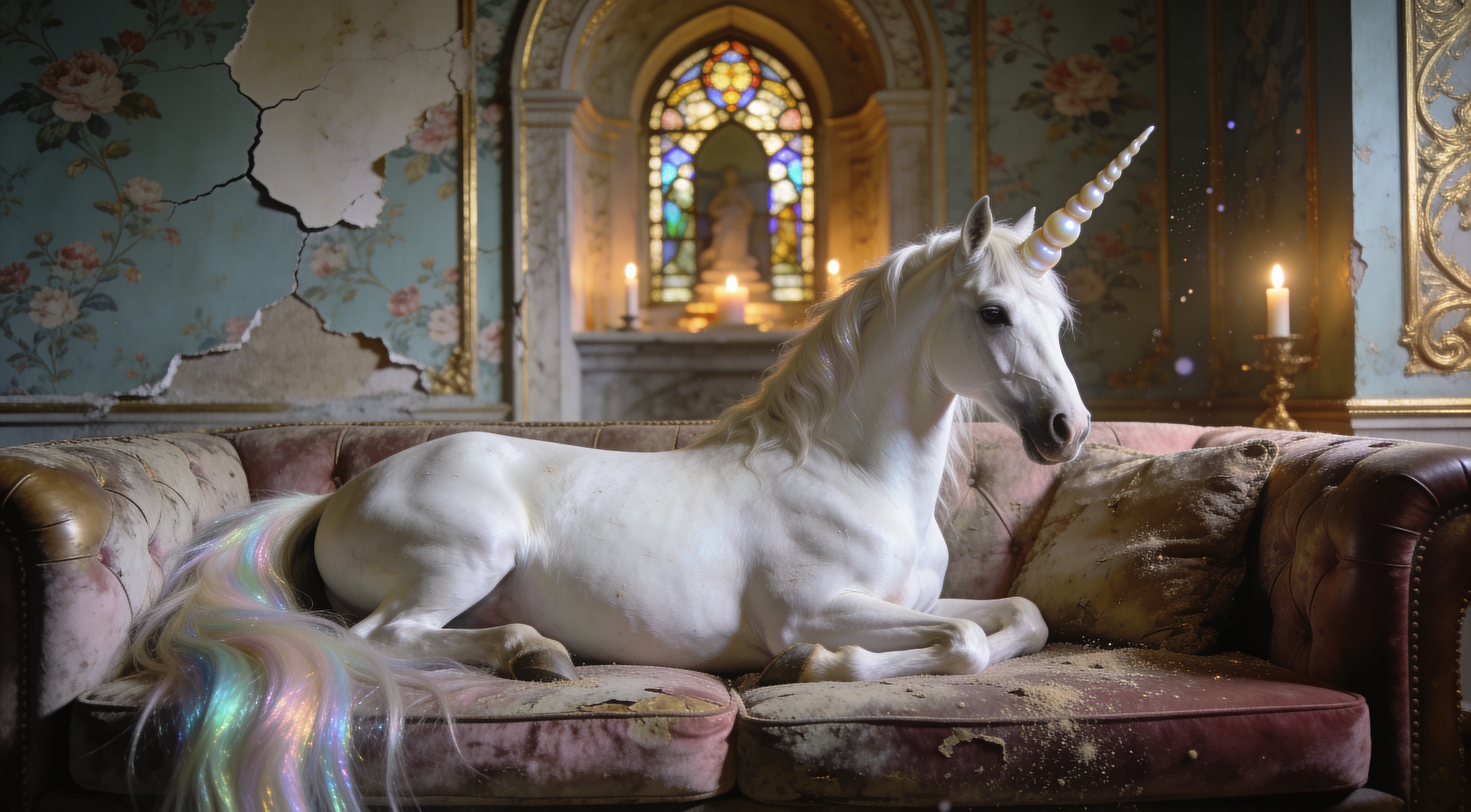 White unicorn with a shimmering mane resting on a pink vintage couch in a dilapidated, ornate room.