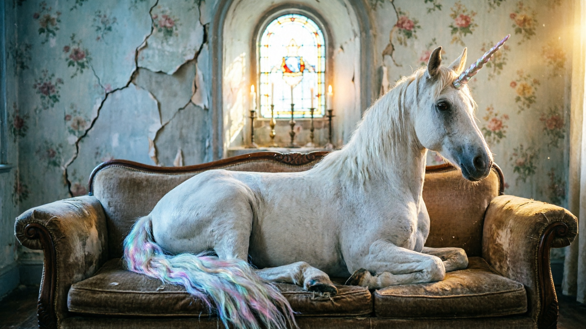 White unicorn with pastel mane resting on a vintage sofa in a dilapidated room.