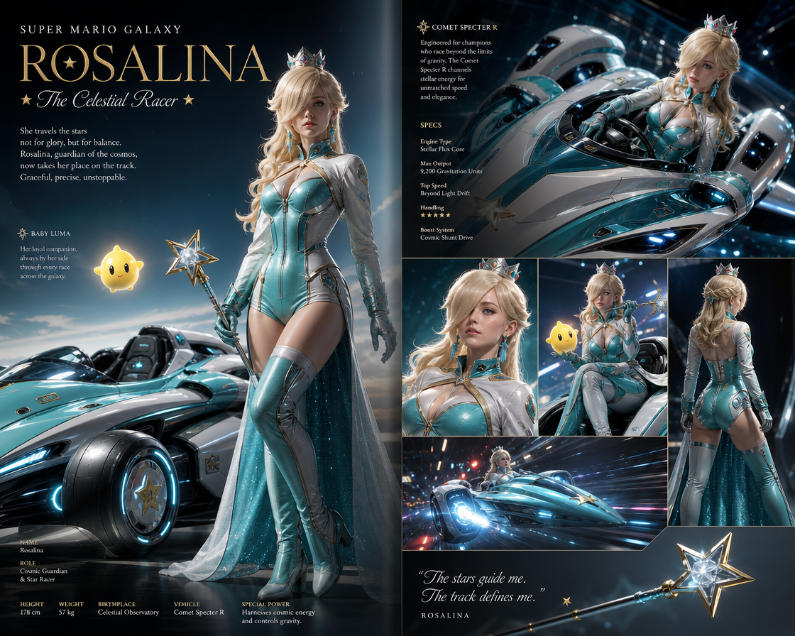 Rosalina in teal futuristic armor with star wand beside a sleek space racing car (Celestial Racer concept).