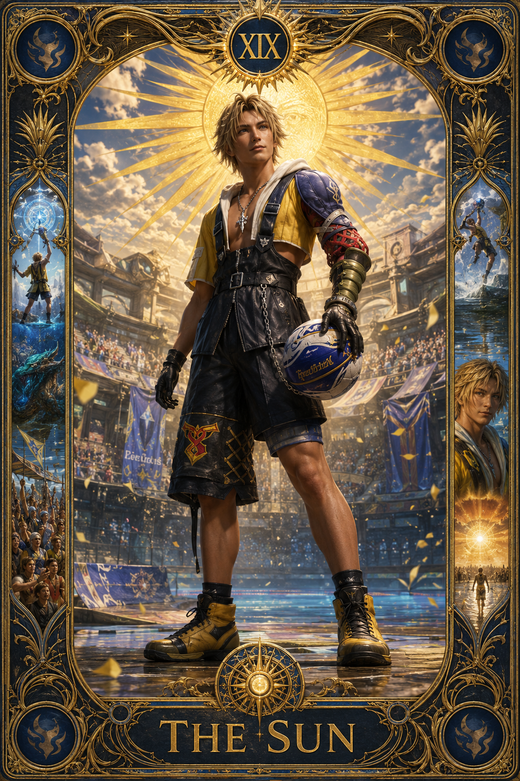 Young heroic fighter in yellow-blue outfit stands with a ball under a radiant sunburst in a grand arena.