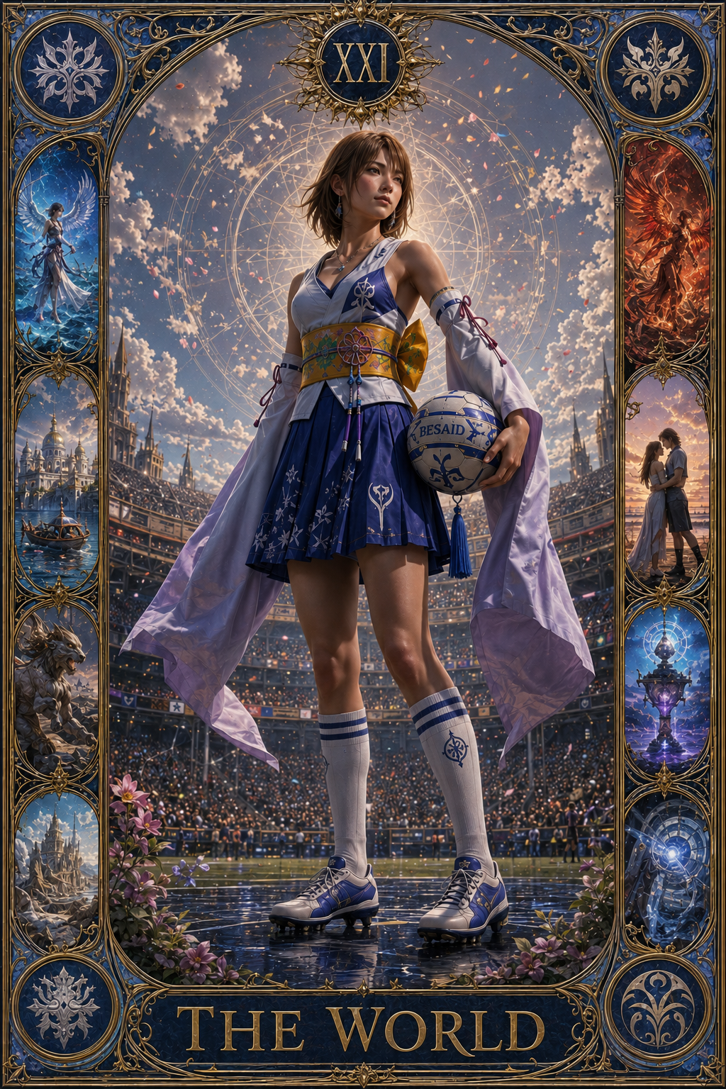 Young woman in blue-white athletic cosplay holding a soccer ball, standing in a stadium framed by ornate tarot-style borders.