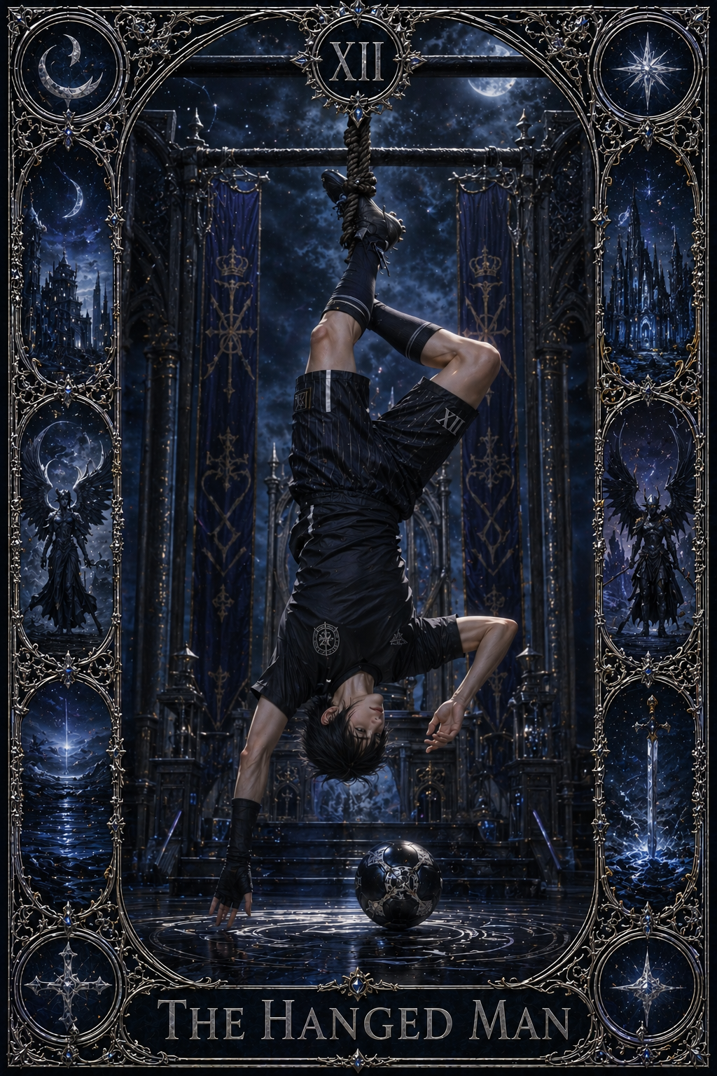 Person hanging upside down by a rope in a dark gothic chamber with ornate borders and a moonlit, starry background.