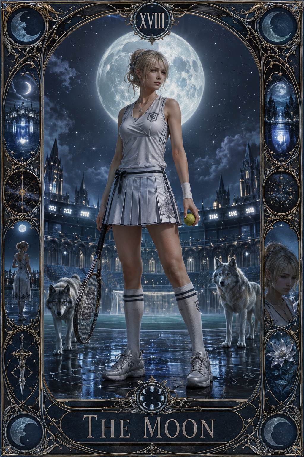 Woman in tennis outfit stands with racket under a full moon, wolves nearby, ornate moon-themed frame.