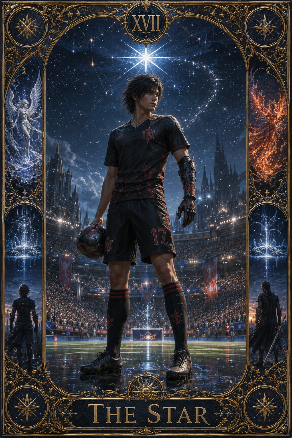 The Star tarot-style scene with a soccer player standing in a stadium beneath a bright starry sky.