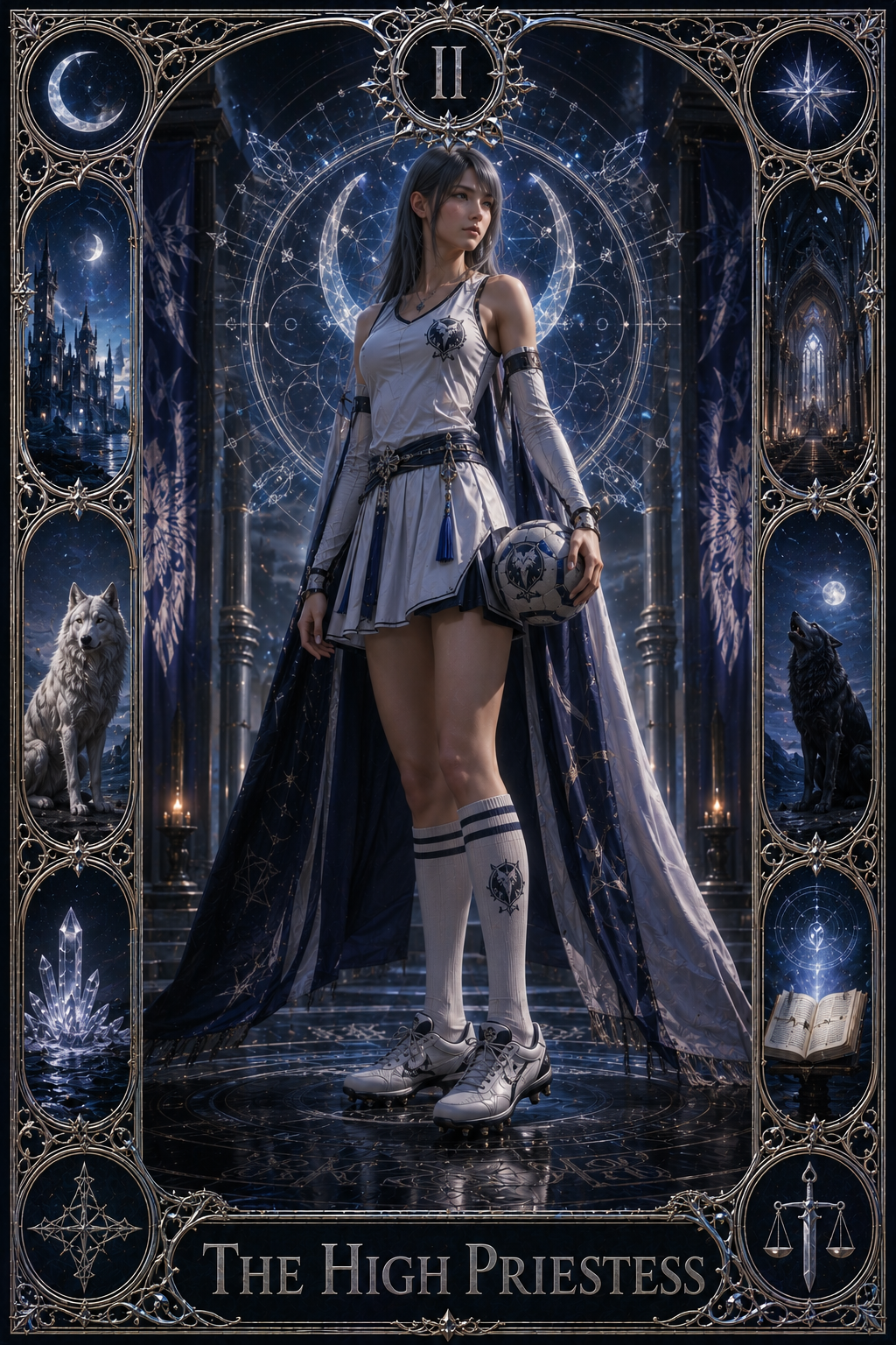 Cosplay of The High Priestess in a blue-white cloak, standing in a moonlit, ornate fantasy scene.