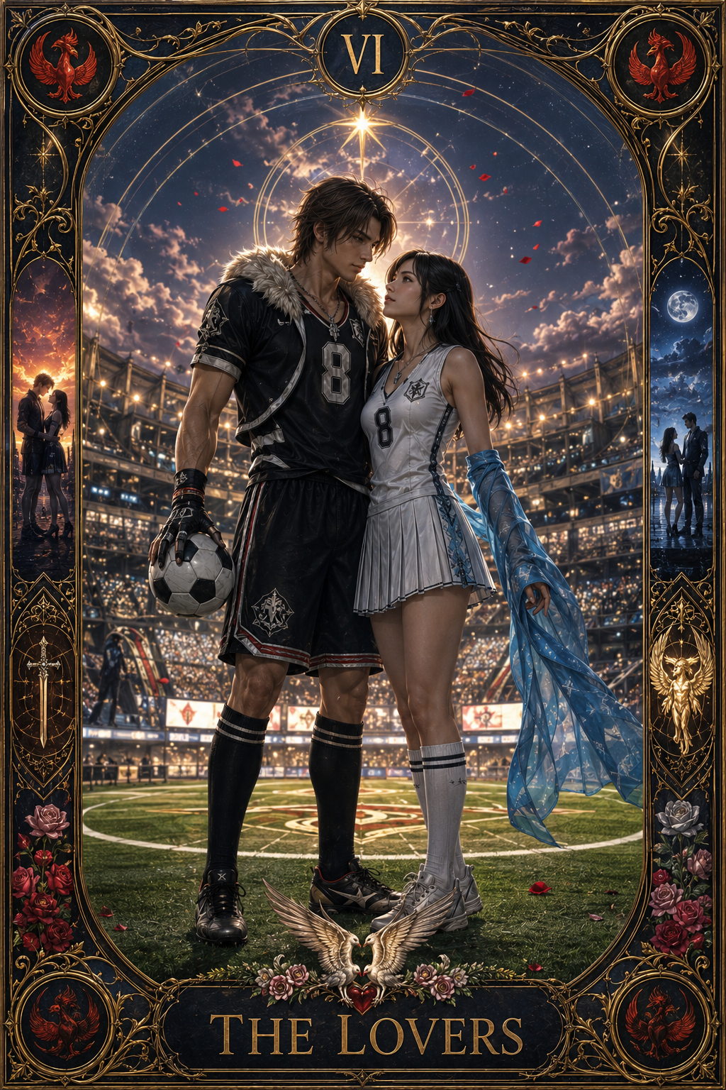 Two athletes, a muscular football player and a cheerleader, stand close in a glowing stadium setting.
