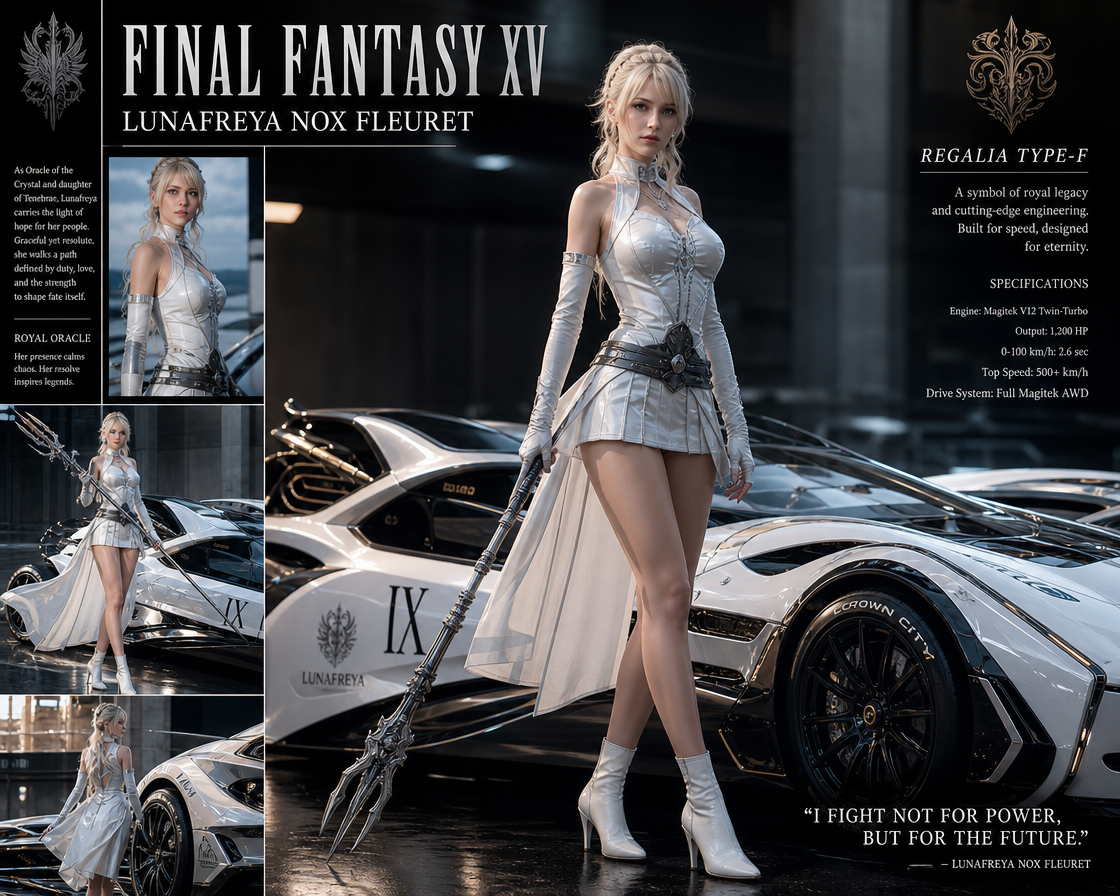 Cosplay-style Lunafreya Nox Fleuret in a silver armored dress with spear beside a futuristic white car.