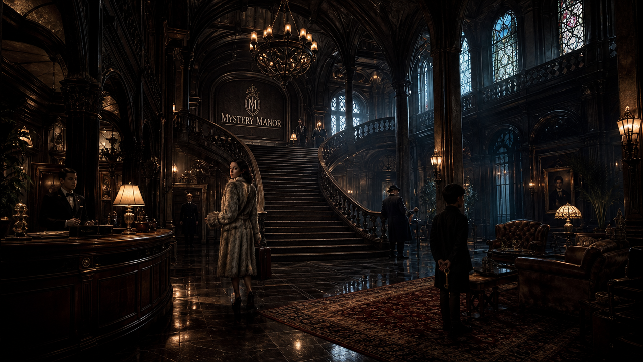 Dimly lit gothic lobby with grand staircase, chandeliers, and vintage furnishings at Mystery Manor.