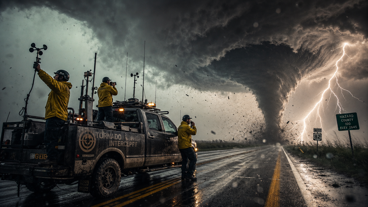 Storm responders on a highway as a dramatic tornado funnels with lightning in the stormy sky.