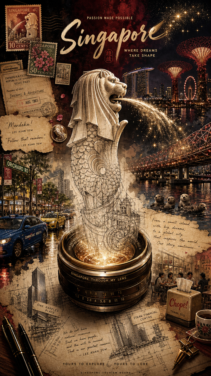 Singapore-themed collage with the Merlion statue emerging from a lens as city lights glow in the background.