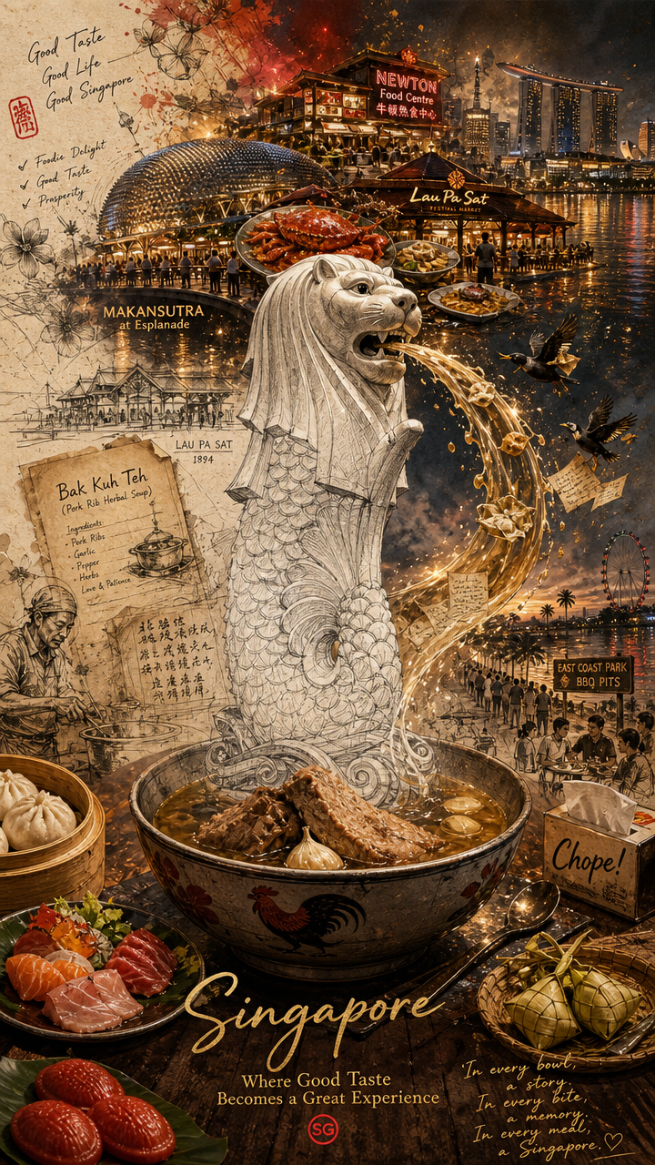 Singapore-themed collage featuring the Merlion statue, iconic skyline, and bowls of spicy seafood and noodles.