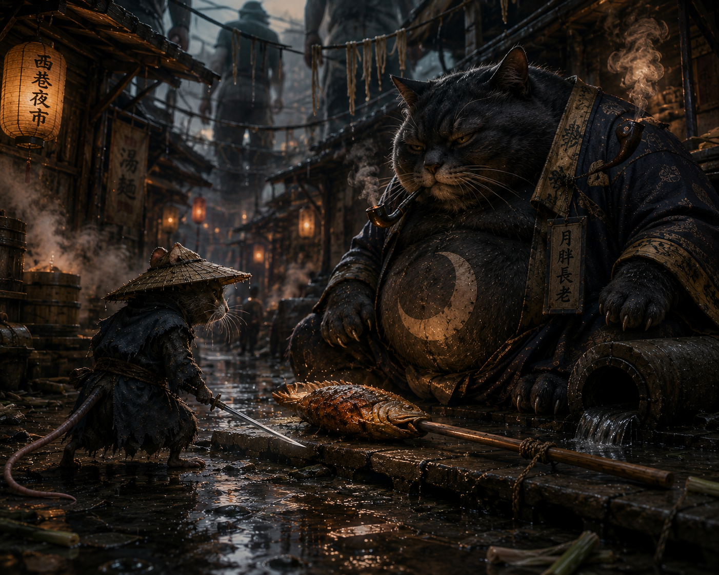 Large armored cat with a crescent emblem sits in a foggy Asian street, facing a tiny rodent warrior with a sword and a fis...